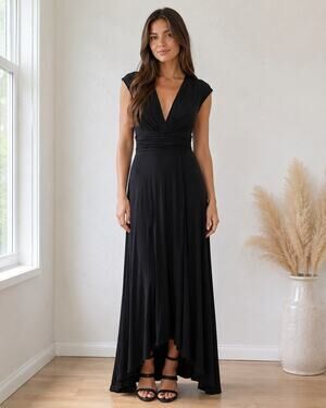 Anthropologie Maeve Black Maxi Dress Ruched Waist Flowy V-Neck Small Boho